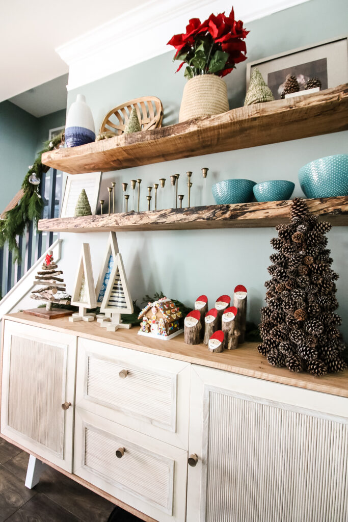 christmas decor on floating dining room shelves