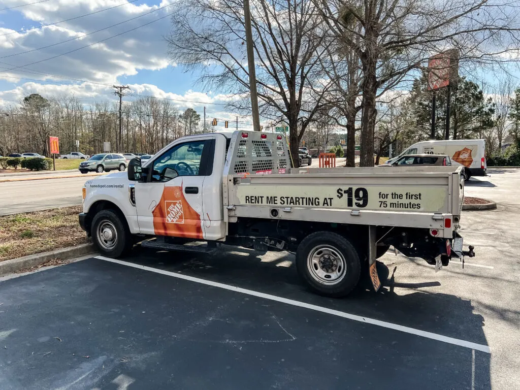 Truck available for rent at Home Depot to transport lumber