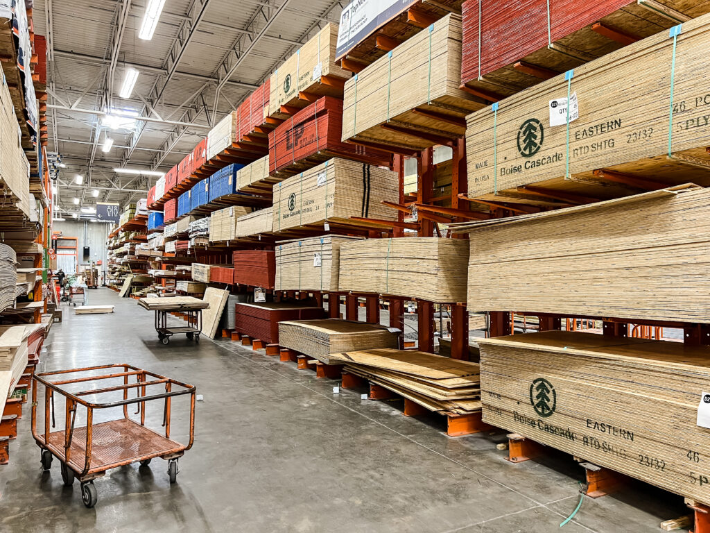 Shelves of plywood at Home Depot