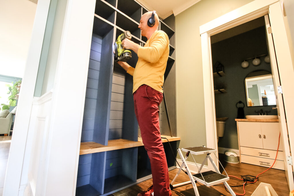 Nailing trim to face of DIY mudroom lockers