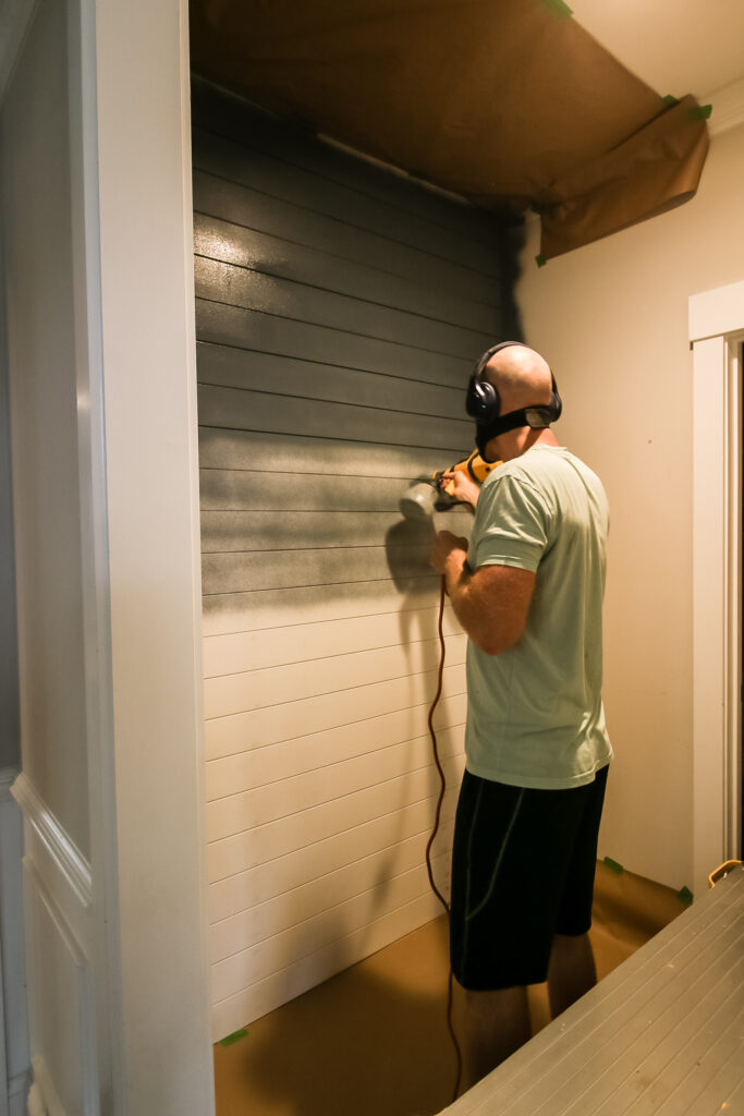 Painting shiplap with paint sprayer