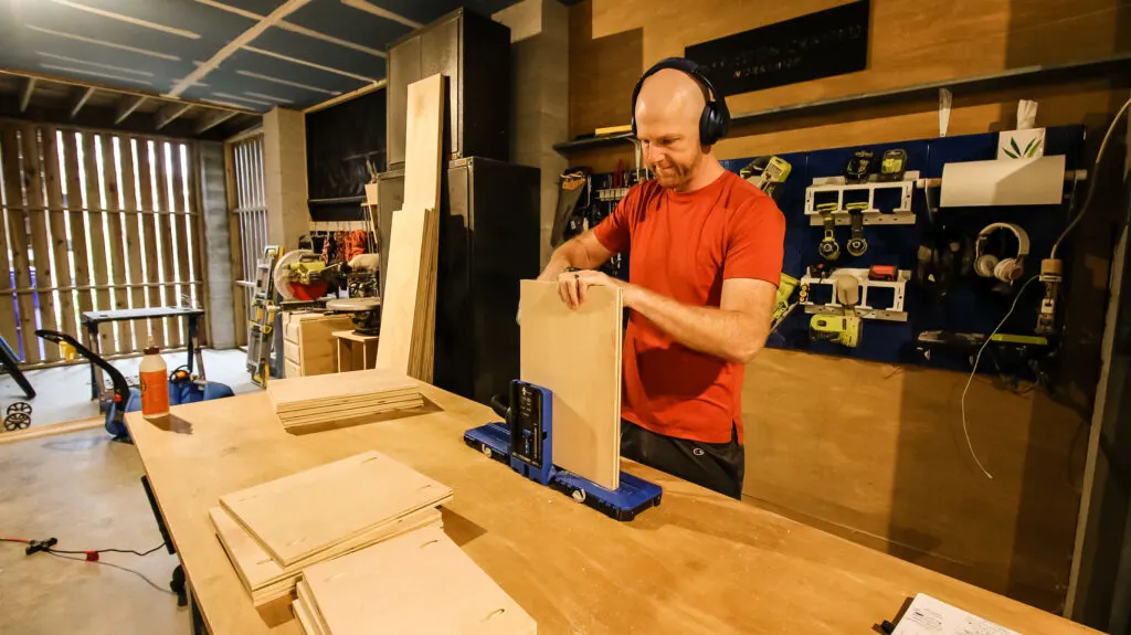 Drilling pocket holes for DIY mudroom lockers