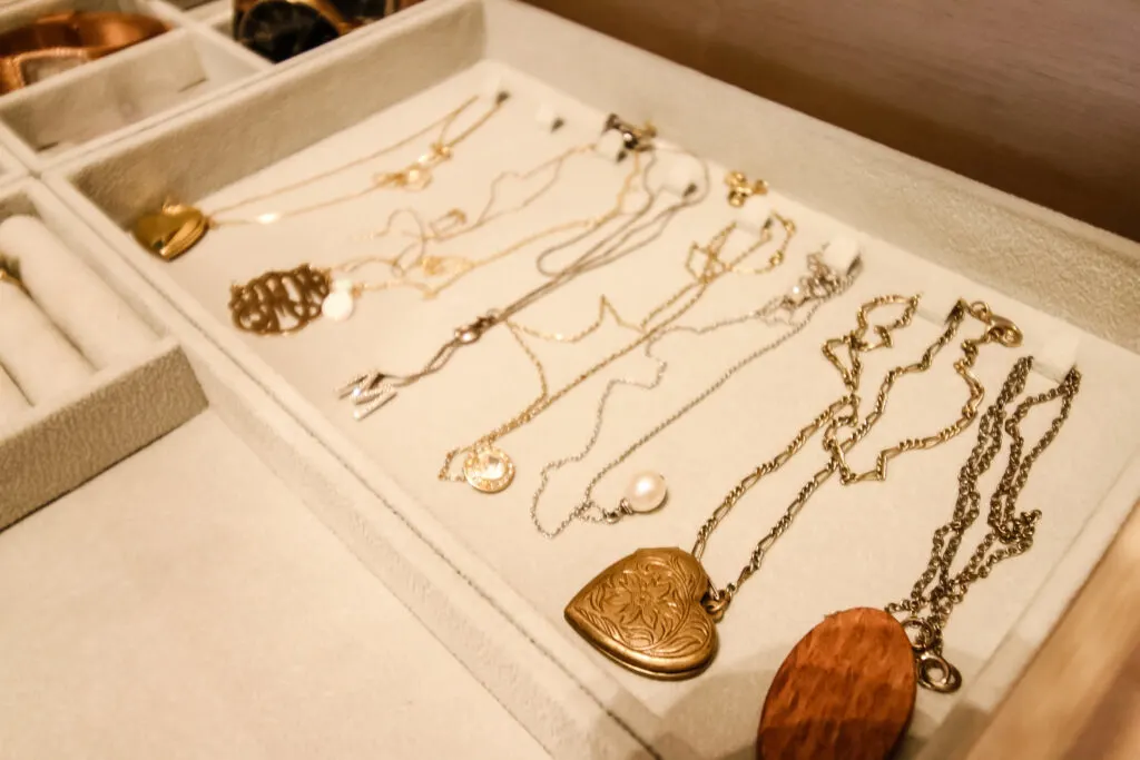 necklaces organized in a drawer