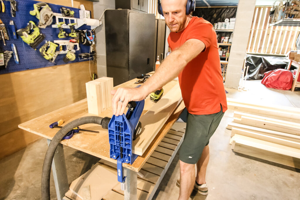 Drilling pocket holes in side rails for DIY canopy bed