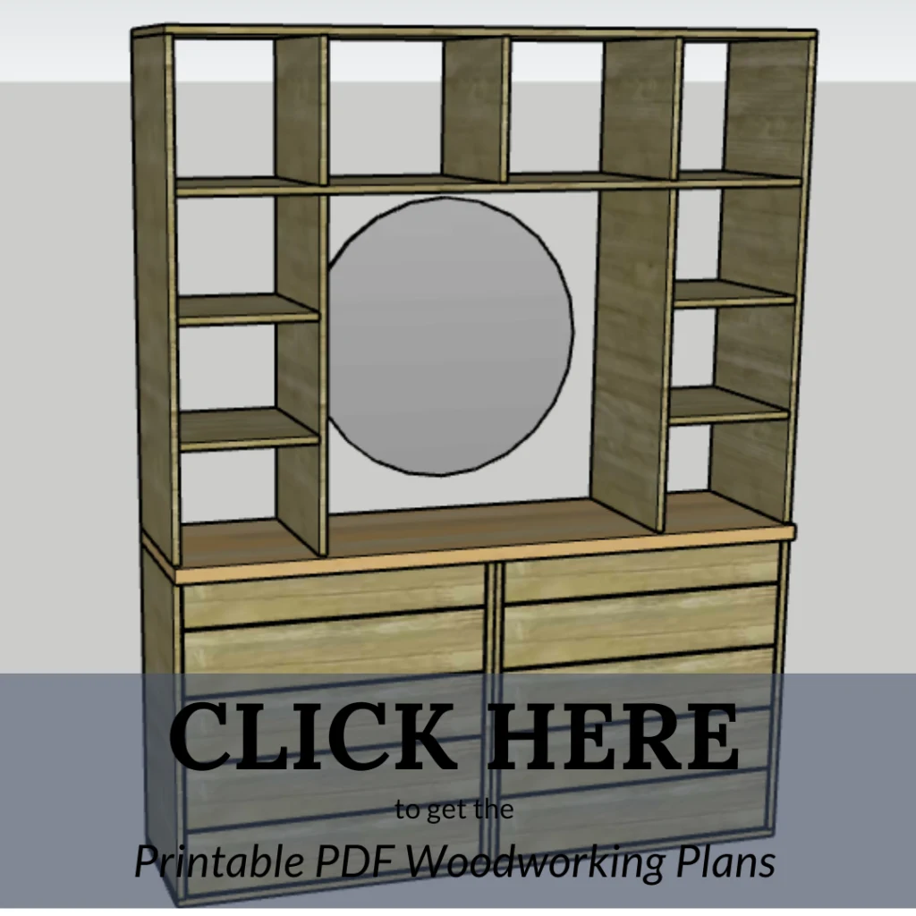 Link to woodworking plans for DIY built-in dresser with cubbies
