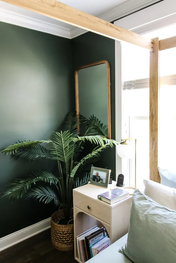 Mirrors and faux plants in primary bedroom