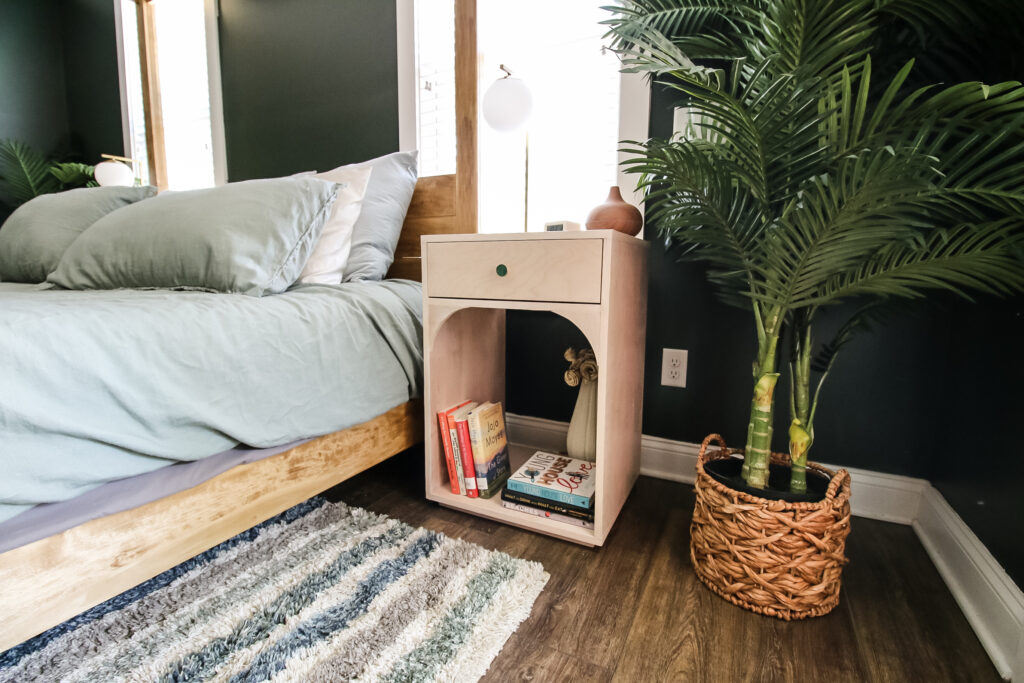Angled view of DIY modern bedside tables