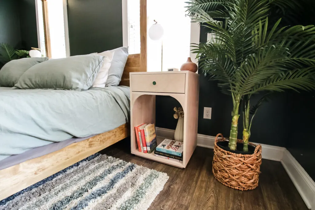 Angled view of DIY modern bedside tables