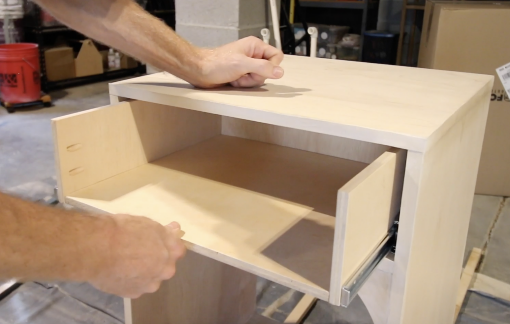 Installing drawer on drawer slides in DIY bedside table