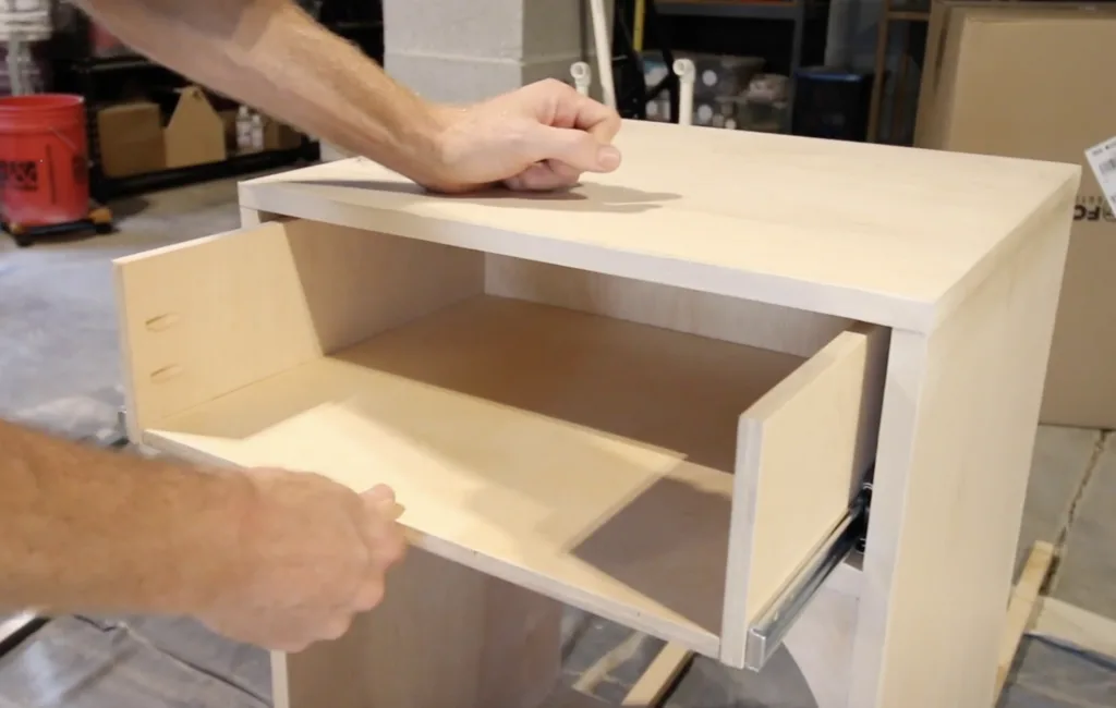 Installing drawer on drawer slides in DIY bedside table