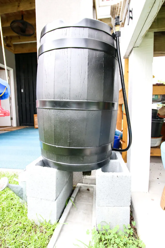 rain barrel on cinder blocks