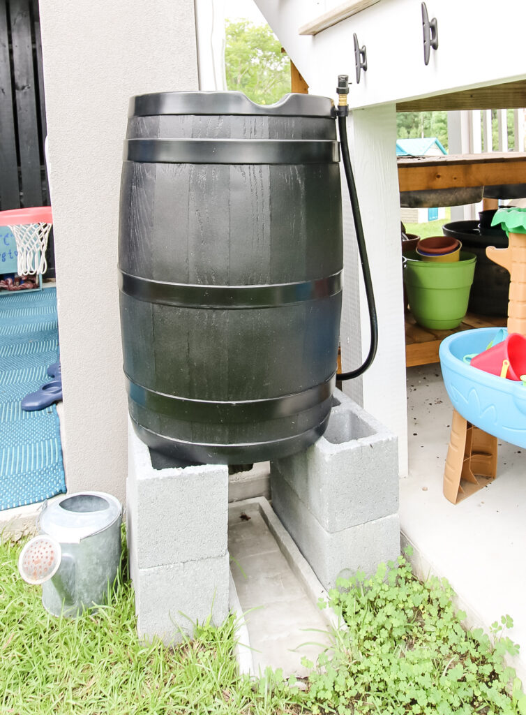 rain barrel on cinder blocks