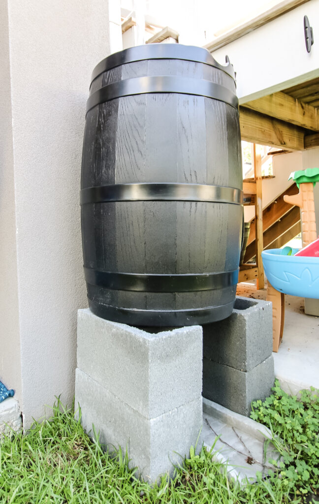 rain barrel on cinder blocks