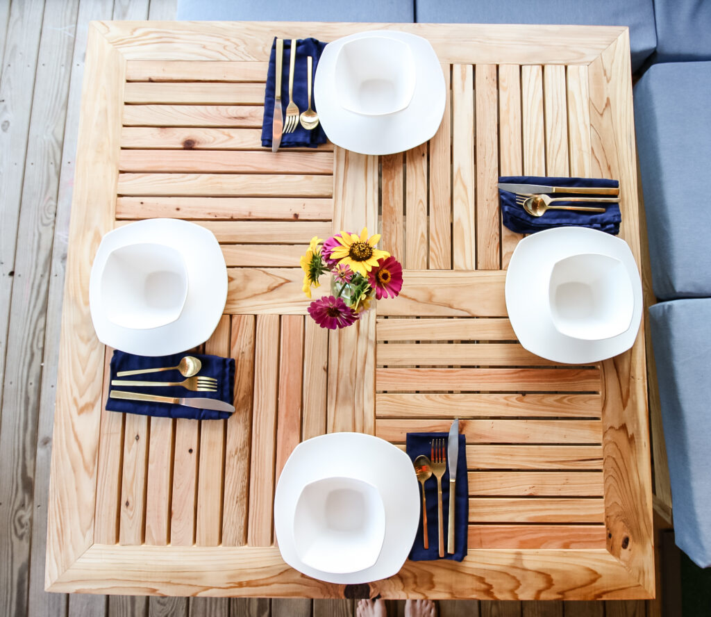 DIY square outdoor dining table set for dinner