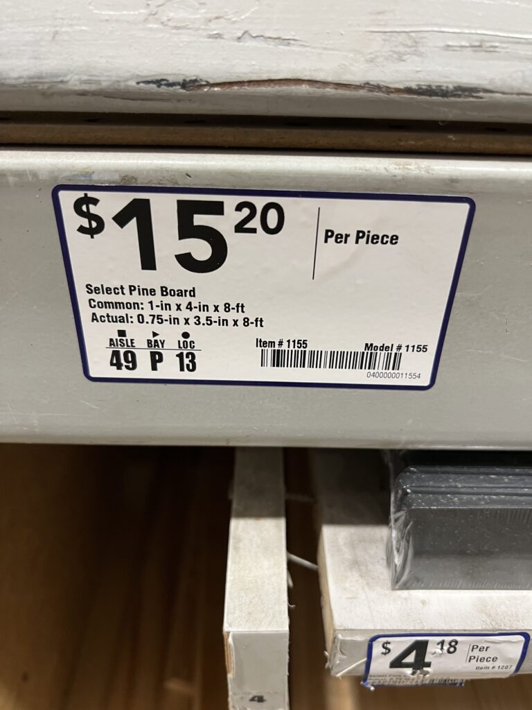 Price tag showing difference between common and actual lumber dimensions