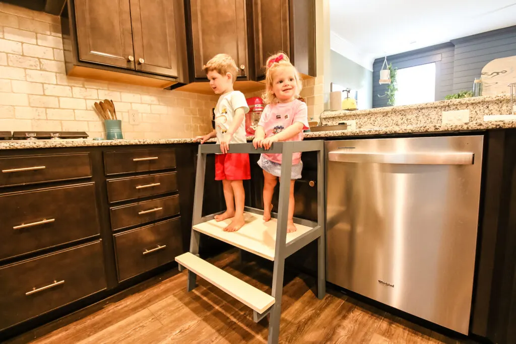 DIY kids learning tower in the kitchen