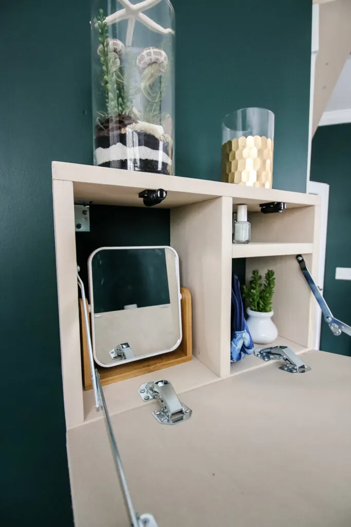 Inside of completed wall-mounted fold-down vanity