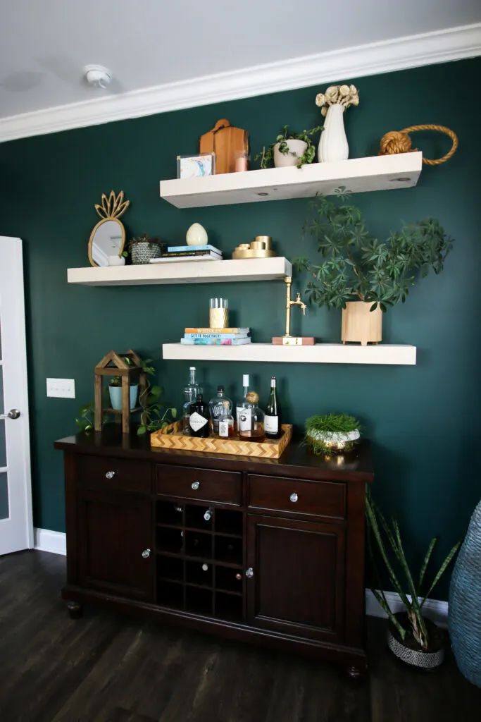 Full photo of DIY floating shelves above bar