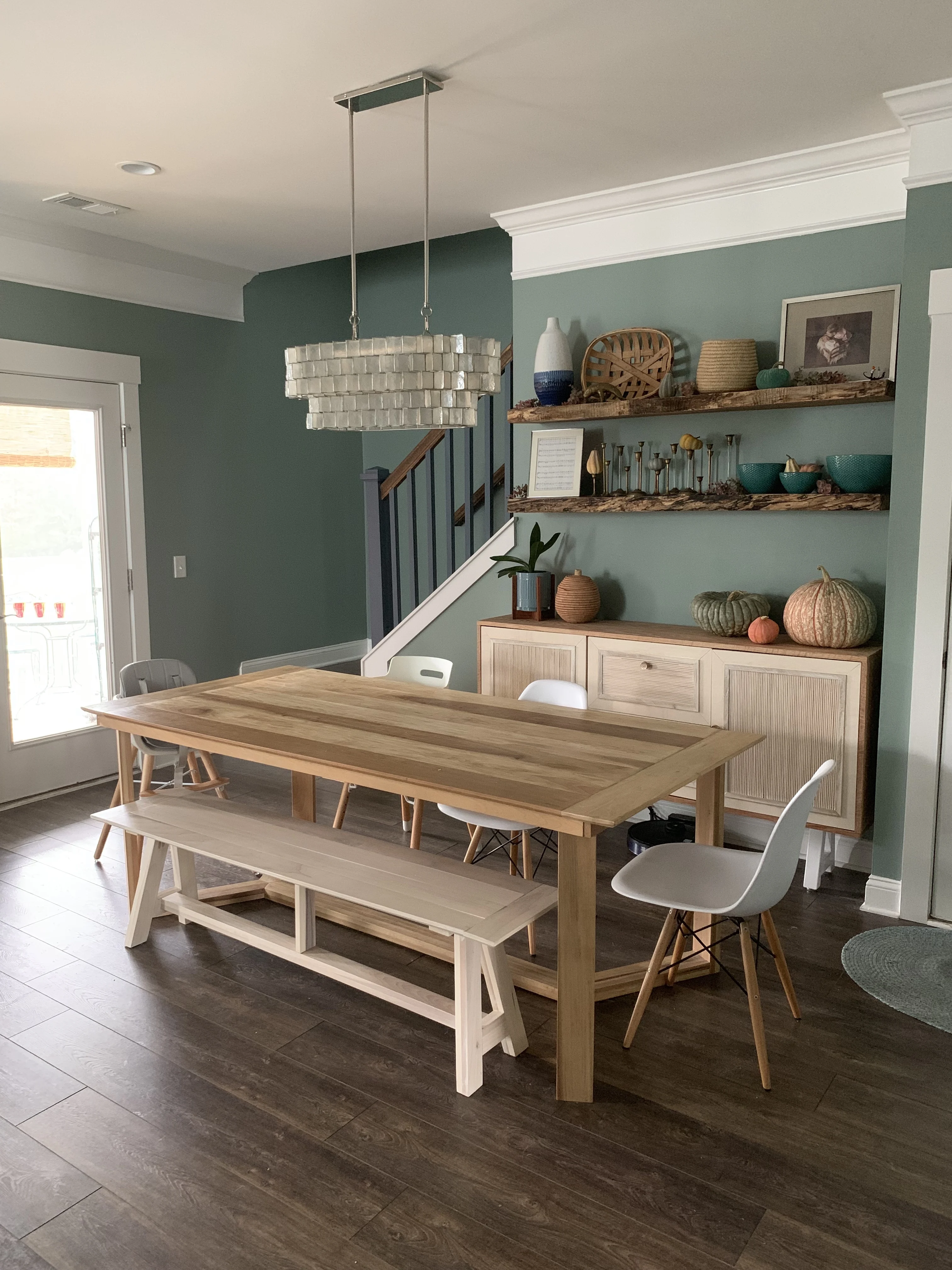 live edge shelves with pumpkins