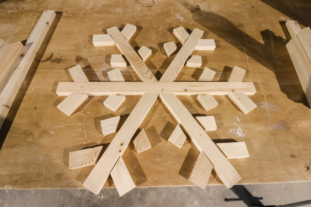 Getting ready to assemble wooden snowflakes