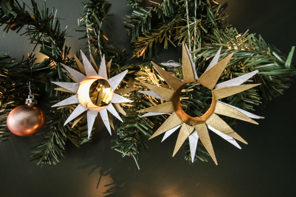 starburst christmas ornament made from a toilet paper roll