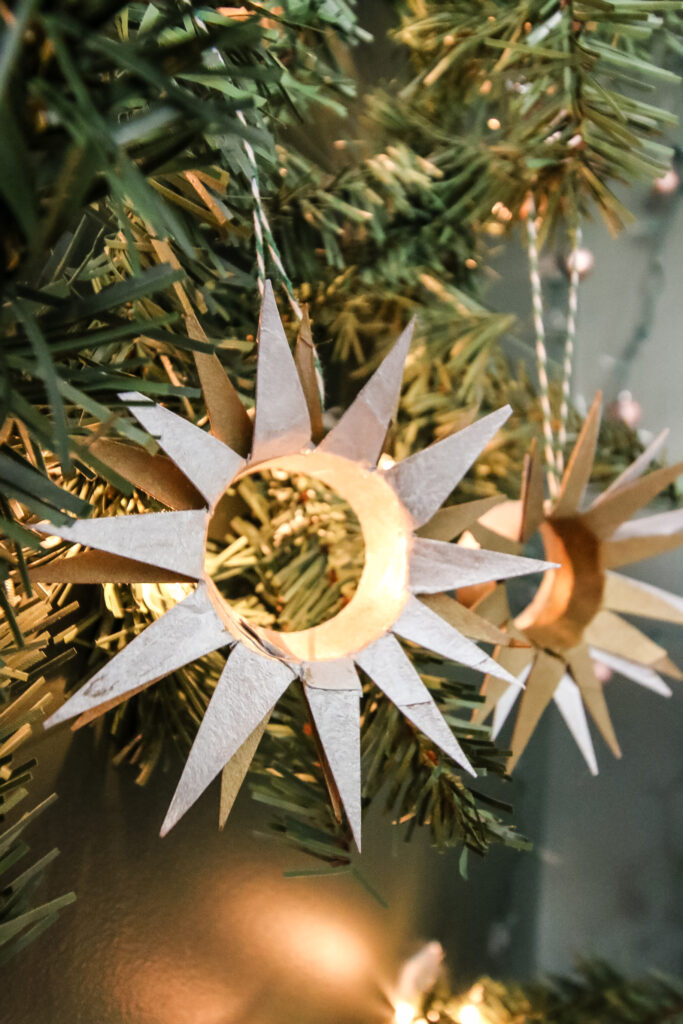 starburst christmas ornament made from a toilet paper roll