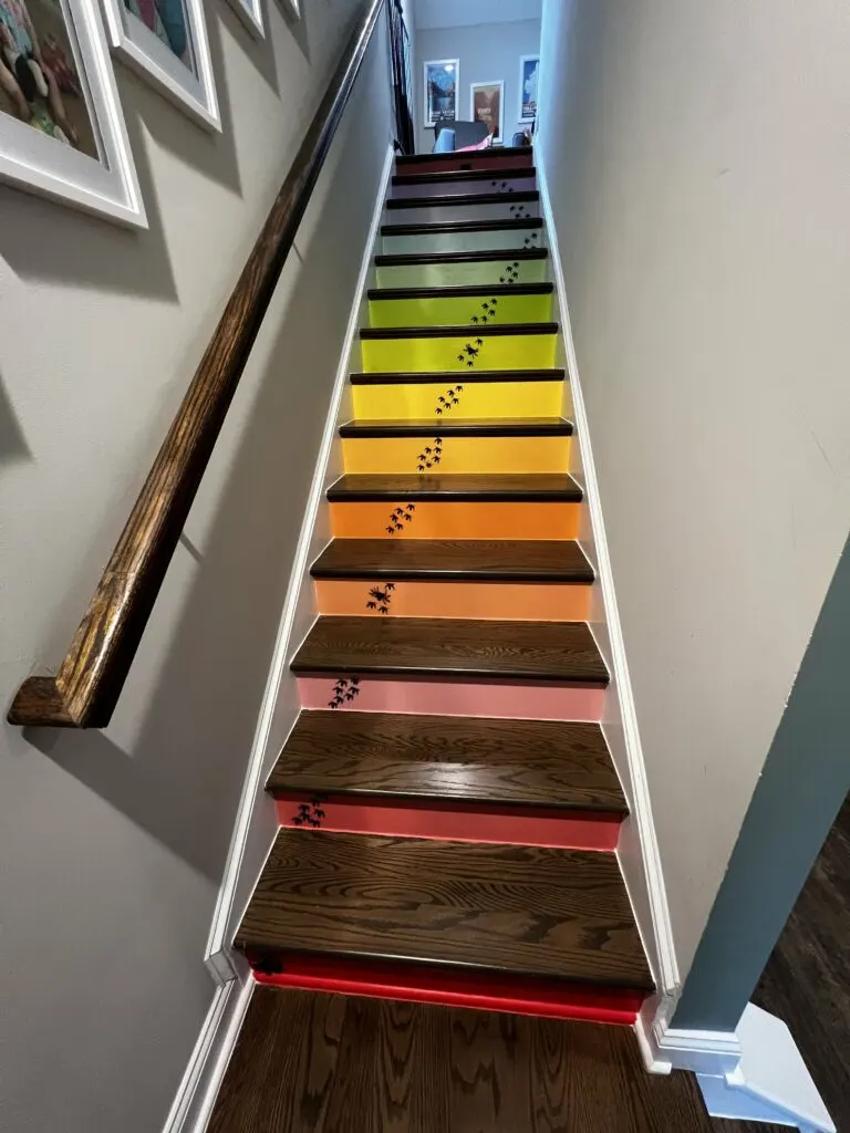 spooky halloween stairs with plastic spiders