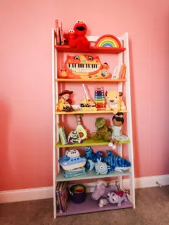 Completed DIY angled ladder toy shelf