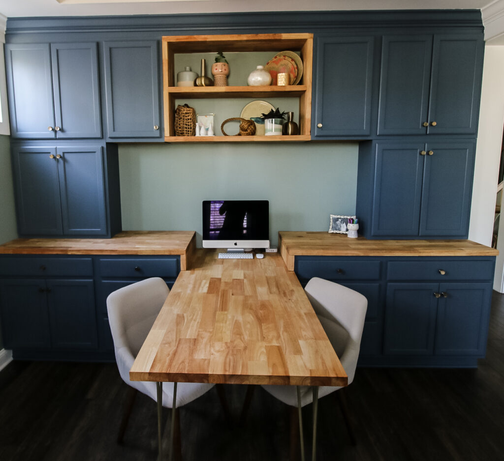 Straight on view of DIY home office built-ins