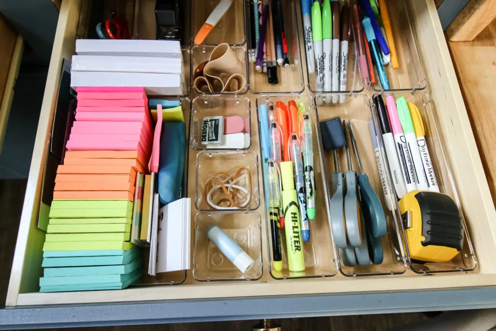 office supplies organized in a drawer