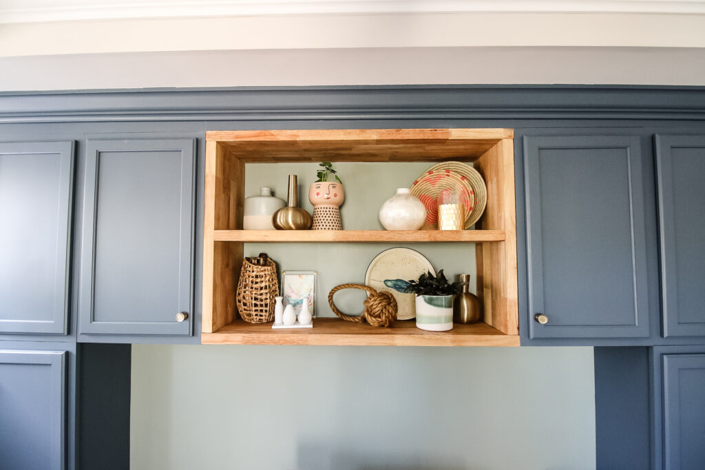 Straight on pictures of butcher block floating shelves