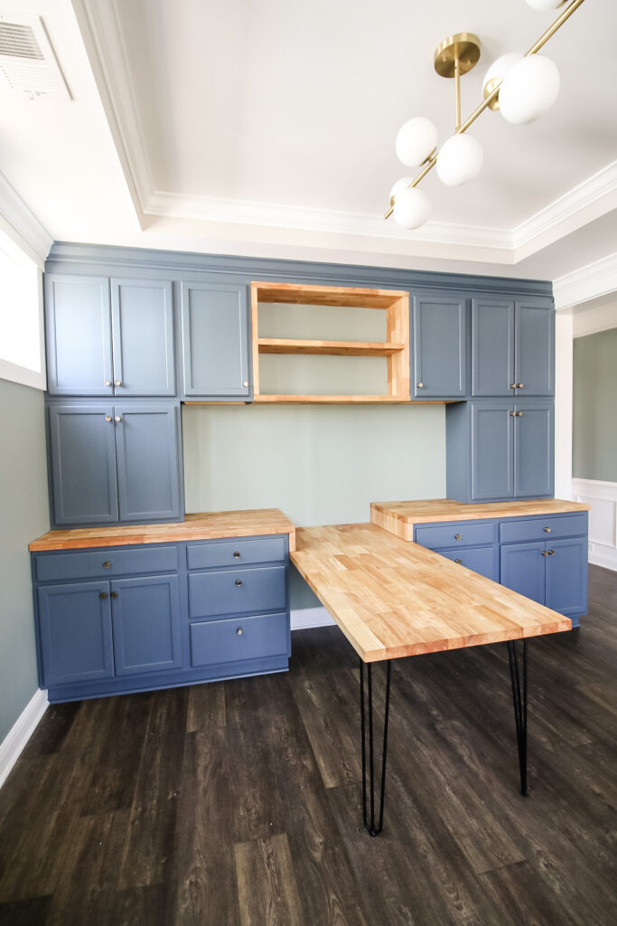 Home office built ins with butcher block shelves