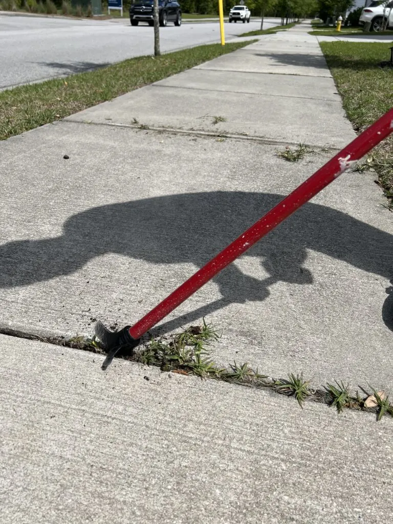 Scraping weeds from sidewalk with Zenith Crack and Crevice Cleaner