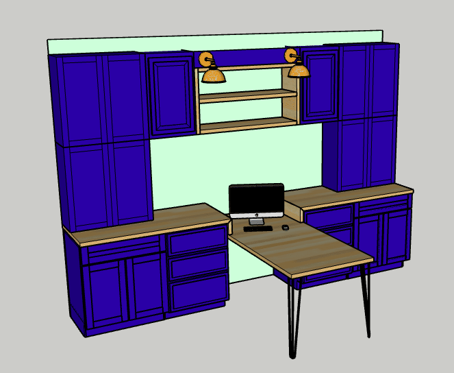 Rendering of home office with butcher block shelves
