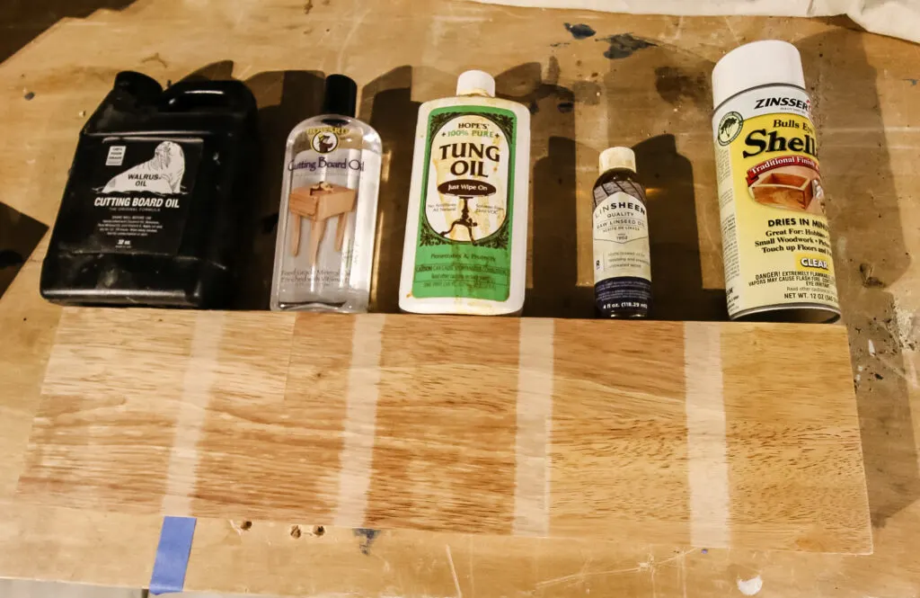 a variety of oils sampled on butcher block