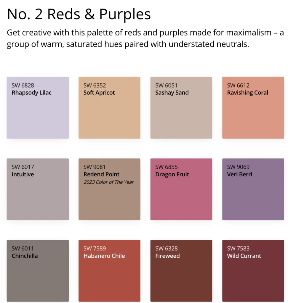 Sherwin Williams red and purple color palette 2024