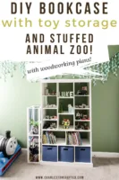 DIY bookcase with toy storage and stuffed animal zoo