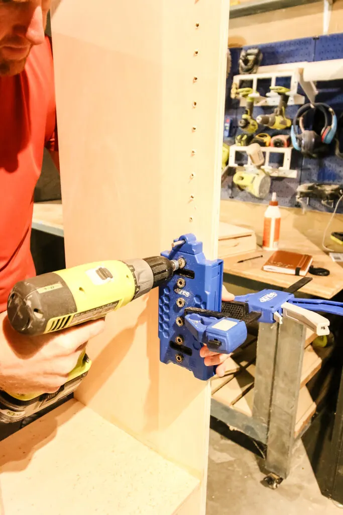 Drilling shelf pin holes with Kreg shelf pin jig