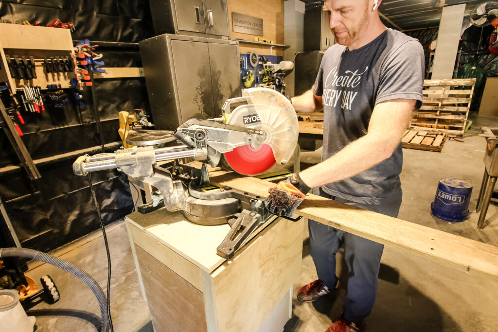 Cutting wood for pallet christmas tree