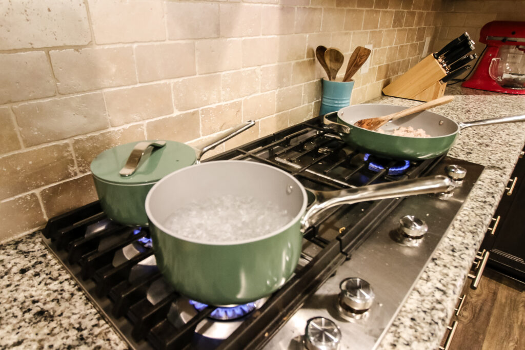Caraway pots and pans on the stove