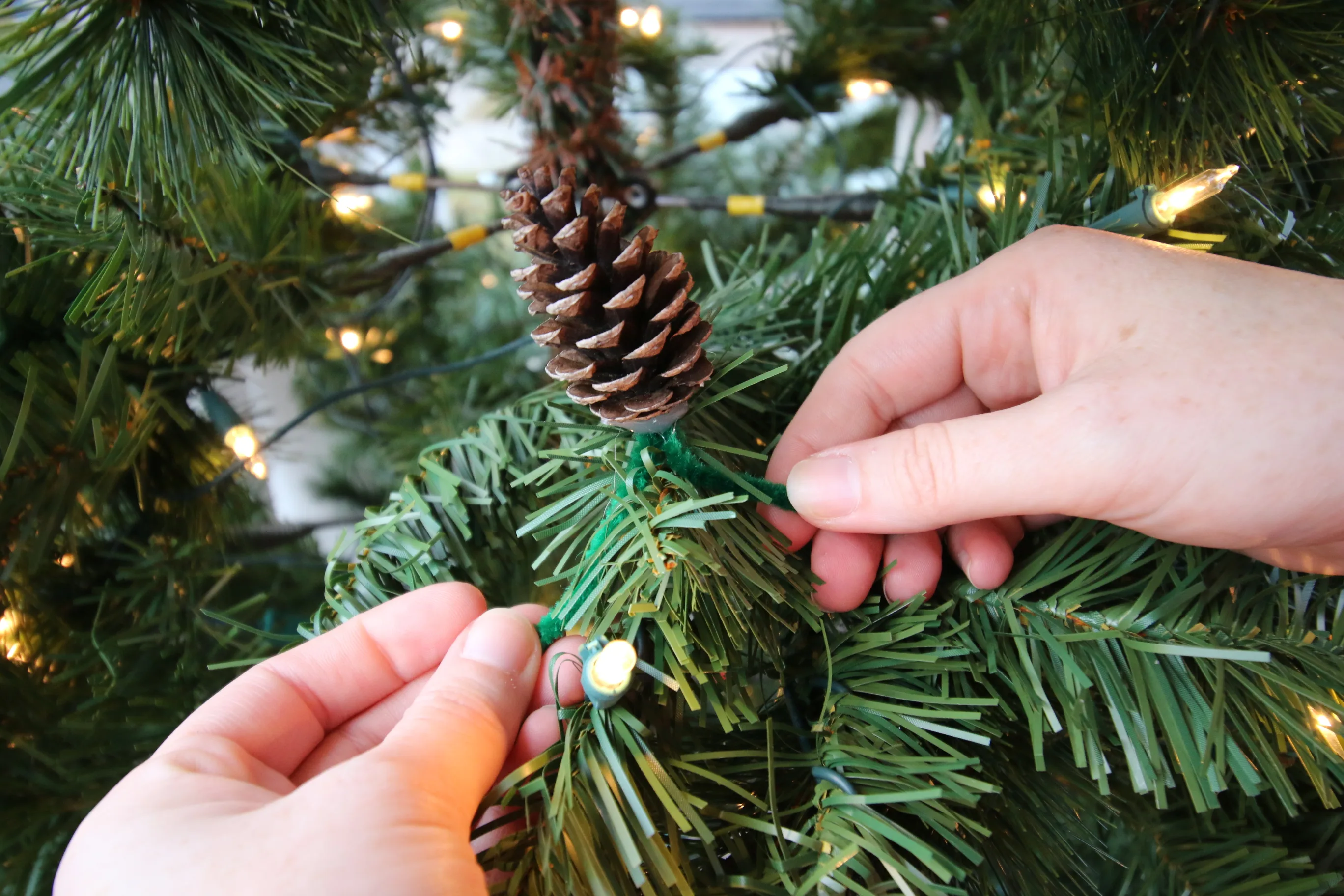 attaching a pine cone to a christmas tree branch with wire