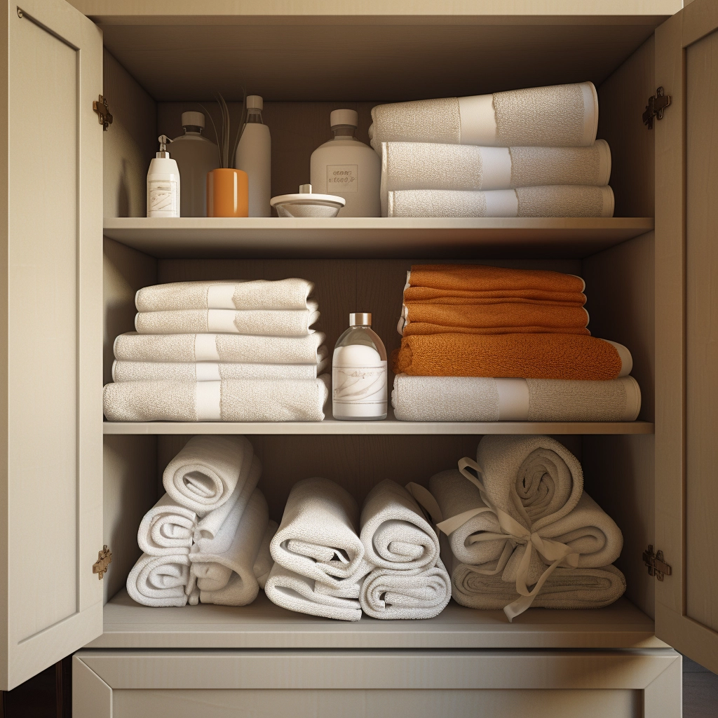 folded towels in a cabinet