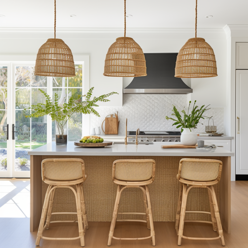 kitchen with rattan lighting