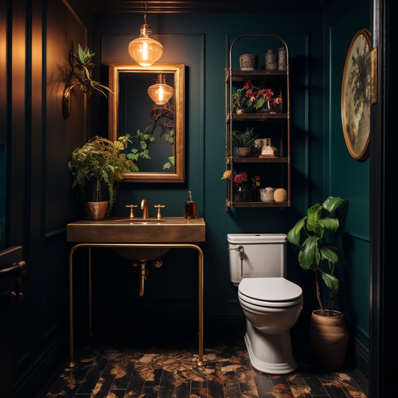 small bathroom with jewel toned walls