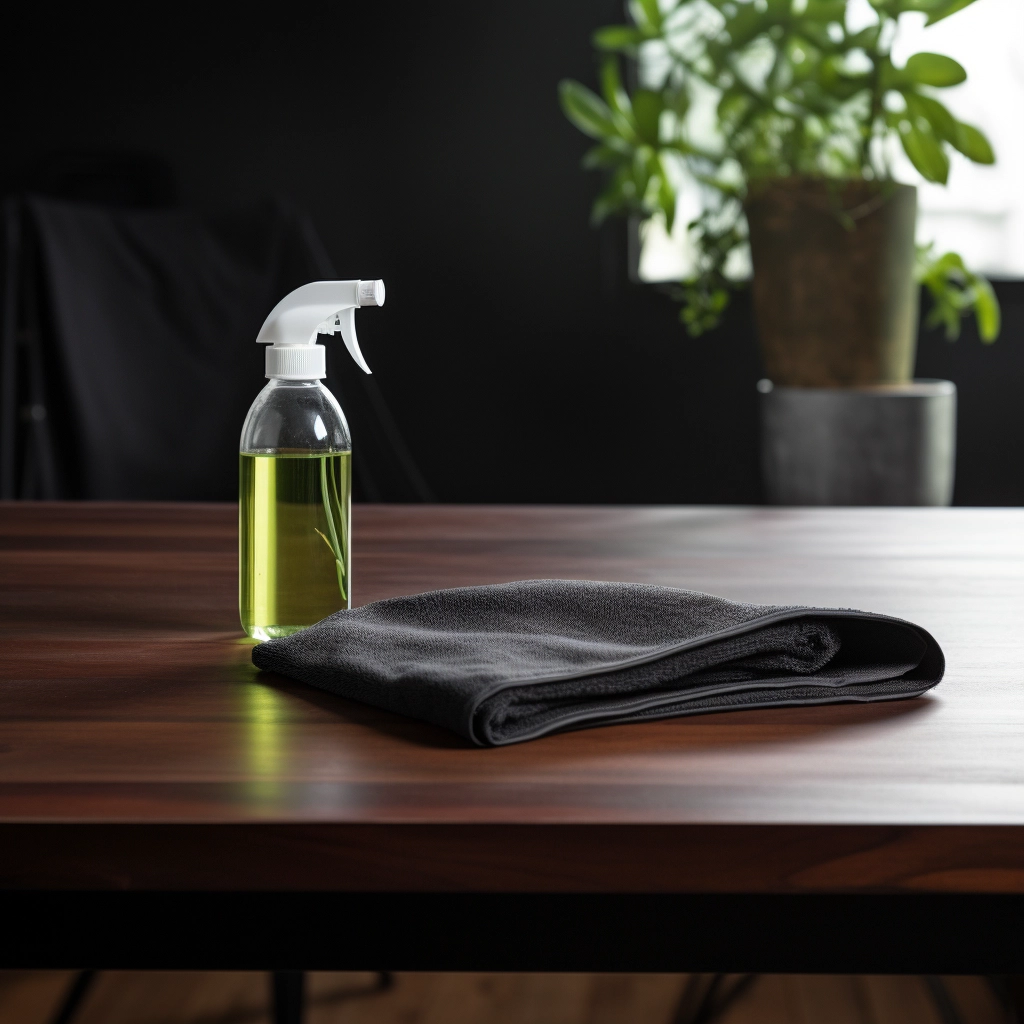spray bottle and microfiber cloth on a wood table