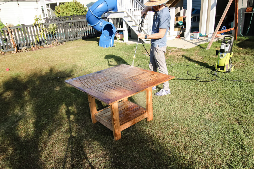 pressure washing outdoor wooden table