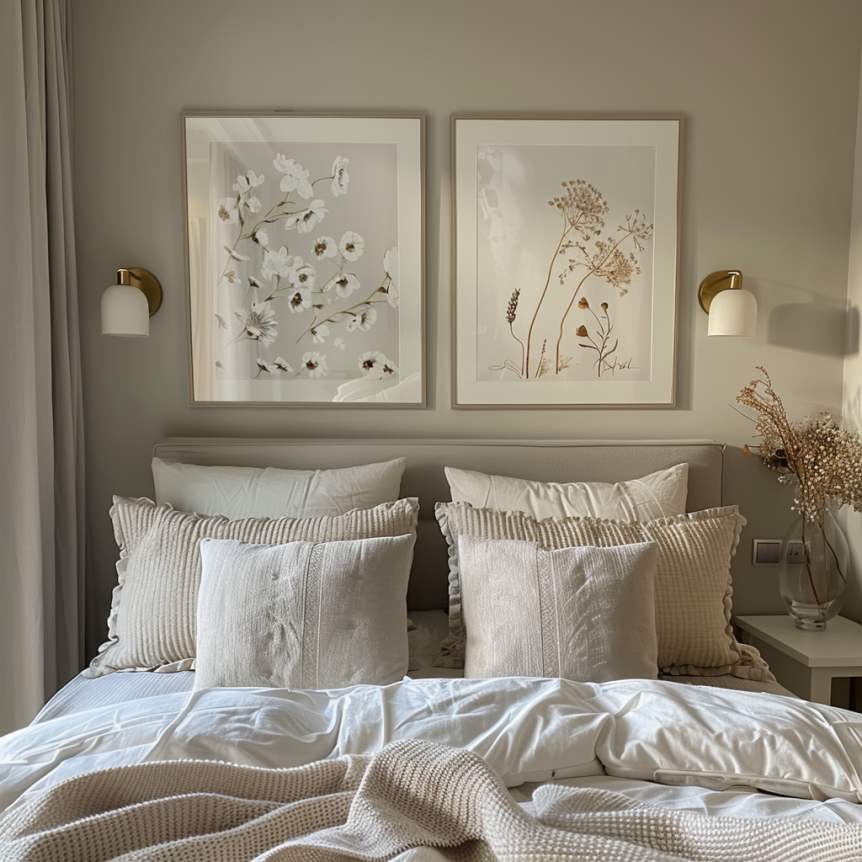 framed coordinating art over a bed
