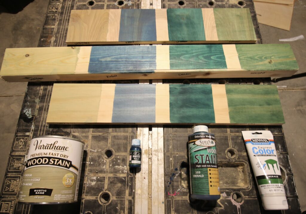 green wood stains on different types of wood