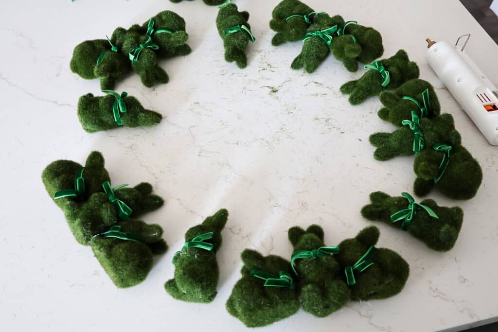 laying out mini bunnies to make a wreath